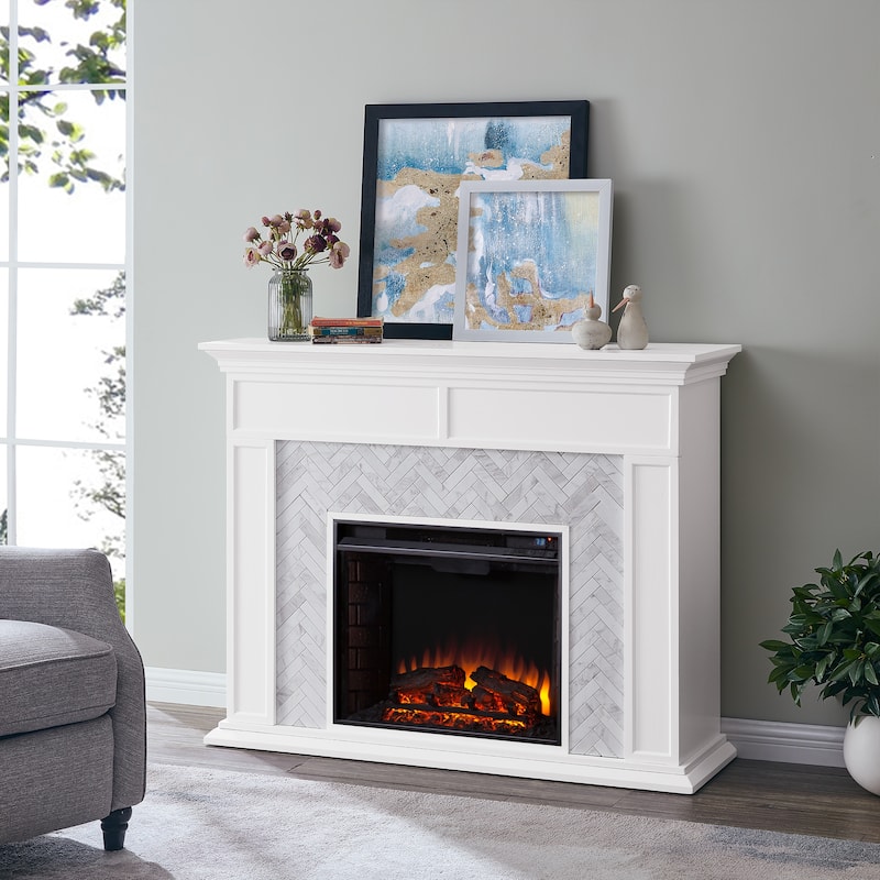 SEI Furniture Torton Contemporary Electric Fireplace with Chevron Marble Tiled Mantel