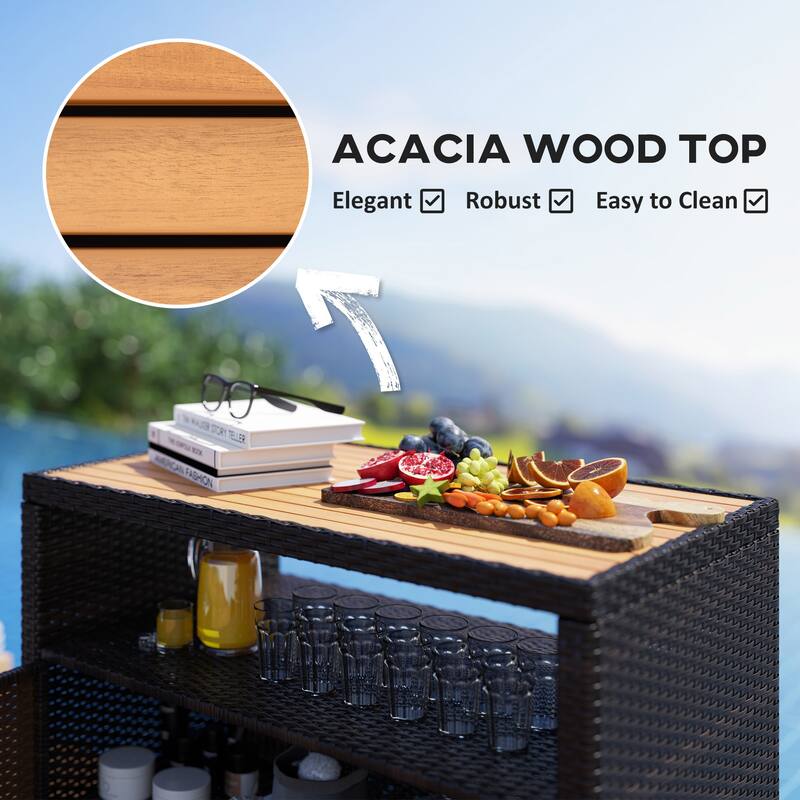 Brown-Teak PE Rattan Outdoor Storage Cabinet with Acacia Wood Top and Shelf - 35.4" W x 20.9" D x 33.9" H