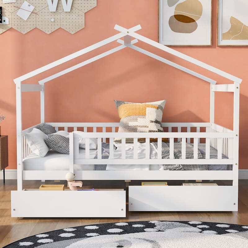 Kids Funny Canopy Bed Wooden Frame House Bed Full Size Platform Bed Daybed with Roof, Safety Guardrail and Drawers - White - Full