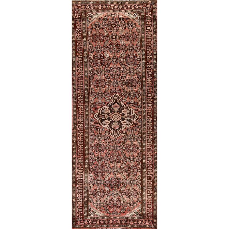Hand Knotted Oriental 100% Wool Carpet Traditional Medallion Pink Hamedan Runner Rug - 9' 11'' X 3' 6''