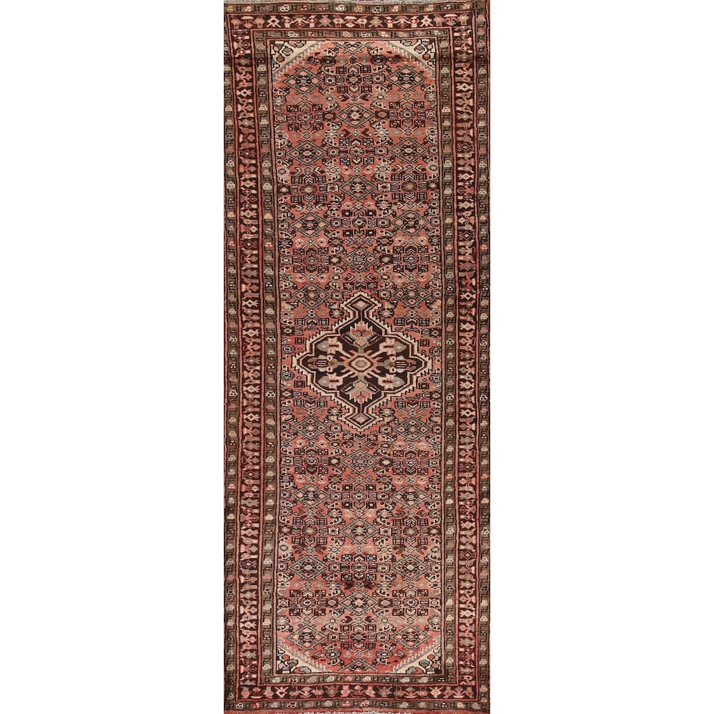 Hand Knotted Oriental 100% Wool Carpet Traditional Medallion Pink Hamedan Runner Rug - 9' 11'' X 3' 6''