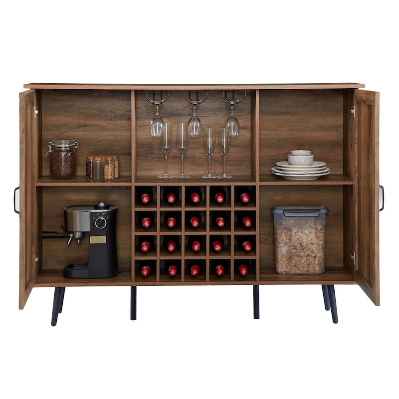 Faux Rattan Barn Door Wine Cabinet with Wine Rack and Wine Glass Rack, Double Door Design with Removable Shelves