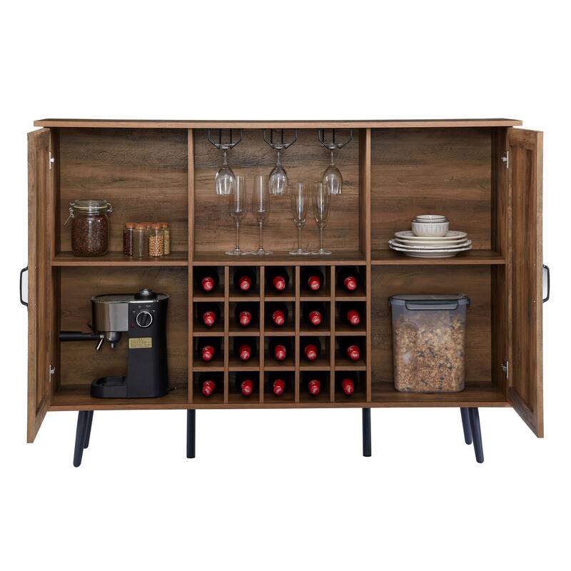Rattan Barn Door Wine Cabinet with Wine Rack and Wine Glass Rack, Double Door Buffet Cabinet with Removable Shelves