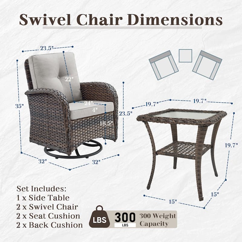 Outdoor Swivel Chairs with Rattan Side Table - Brown