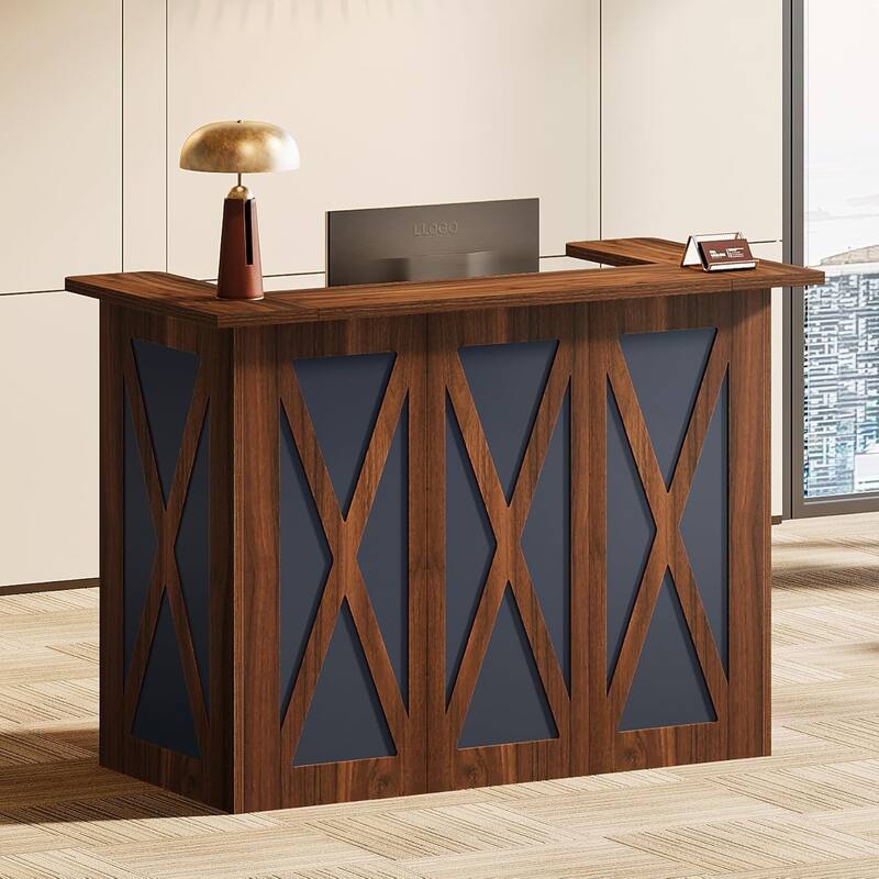 Reception Desk with Counter, 59" Modern Front Desk Reception Counter - Vintage Brown & Dark Blue