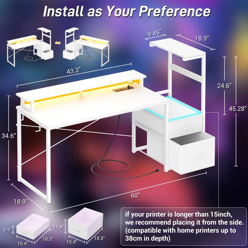 60'' Reversible Gaming Desk with Monitor Stand & Fabric Drawers，Home Office Computer Desk with RGB LED Strip & Power Outlets