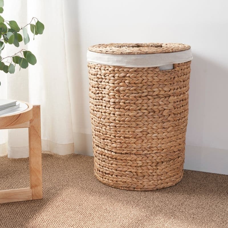 Ludmilla Round Tall Water Hyacinth Woven Wicker Laundry Hamper with Lid 18" x 18" x 23" - Natural Brown - 18" x 18" x 23"