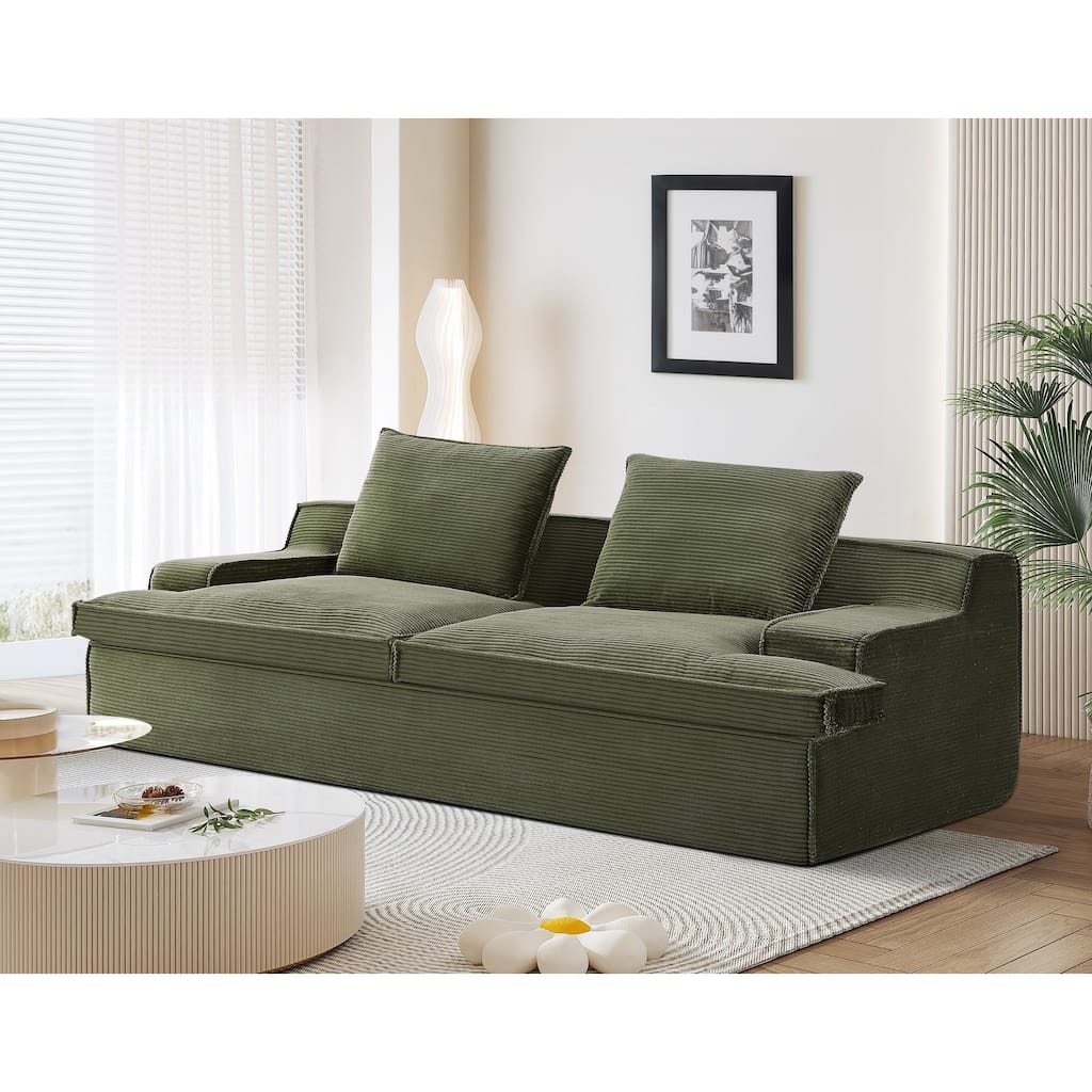 Oversized 4 Seater Green Corduroy Sofa, 91x41x27 inches, No Assembly