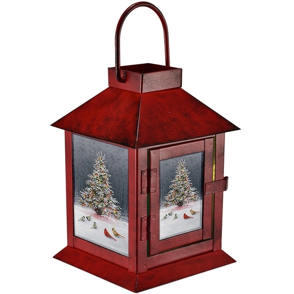 6.4” Red and White Christmas Tree Bird Gathering LED Lantern - N/A