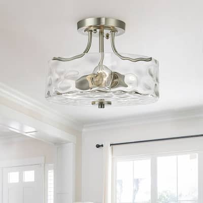 2-Light Modern Clear Hammered Glass Drum Semi-flush Mount - Nickel