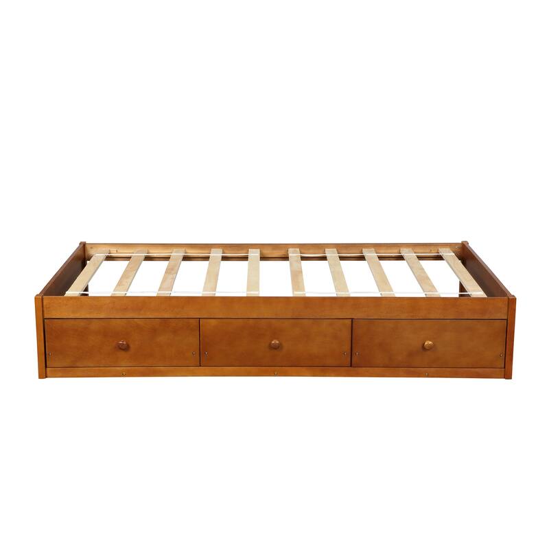 Brown Twin Pine Platform Bed with Drawers - Space-Saving Storage Solution