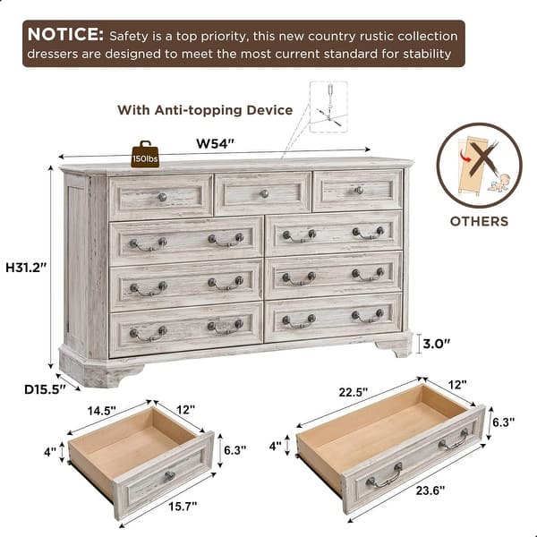 dimension image slide 18 of 19, Farmhouse Drawers Dresser, Wood Chest of Drawers, Dressers Organizer
