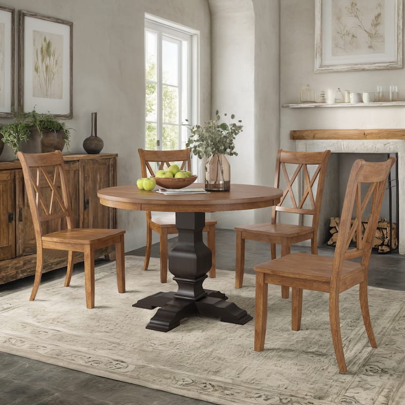 Ronda 45" Round Solid Wood Top Dining Set with X-Back Chairs - Antique Black Table - Oak Chairs
