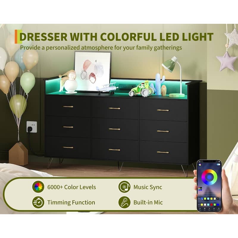 9-Drawer Dresser for Bedroom with Charging Station & RGB Lights