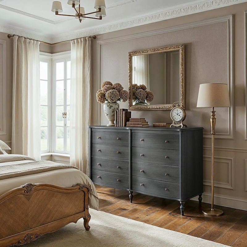 Elegant 8-Drawer Dresser with Solid Wood Legs, Vintage Curved Front Chest of Drawers for Bedroom Storage