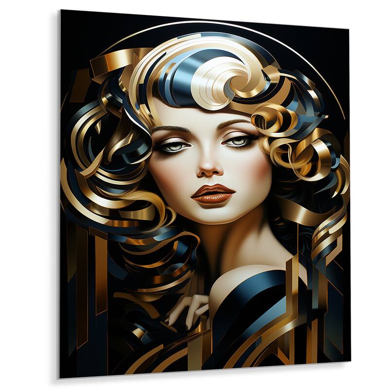 Designart "Black And Gold Glam Fashion Woman Portrait II" Woman Glam Black Metal Wall Art - Glam Metal Art Work