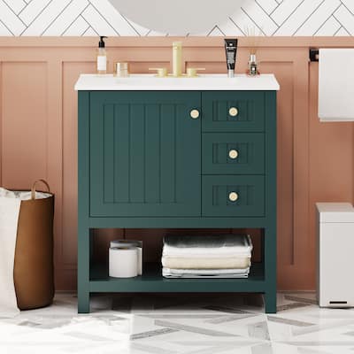 Freestanding Bathroom Vanity Storage Cabinet with Vertical Stripe Groove Decoration, Open Storage, Door Storage and Drawers