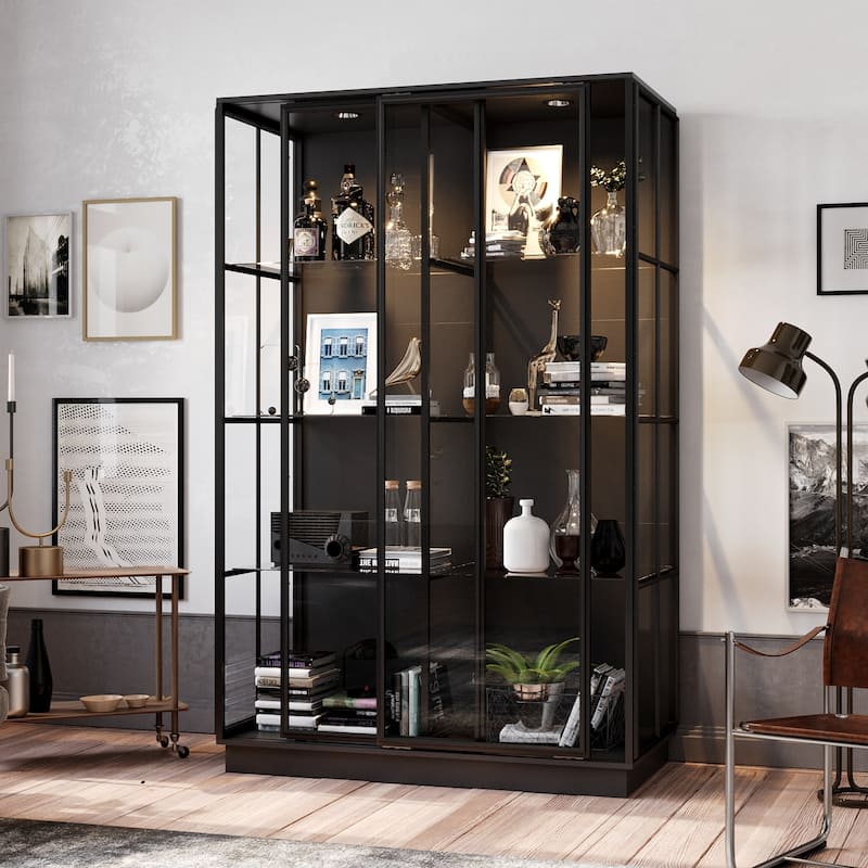 Modern Glass Curio Display Cabinet 4 Tier Display Case With lights & Doors