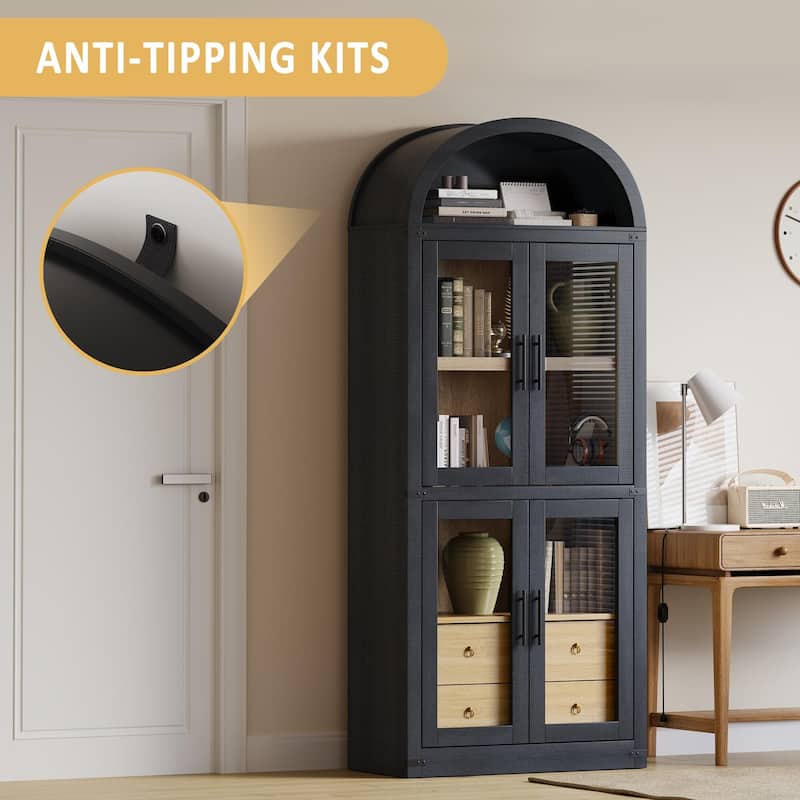 71" Tall Bookshelf, 4 Tier Book Shelf with 2 Storage Drawers, with Doors