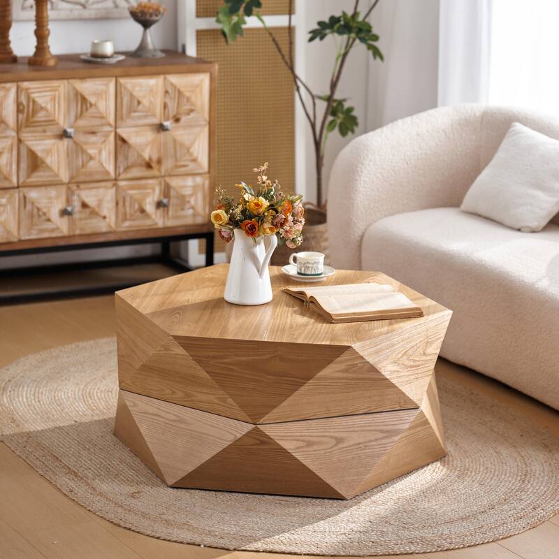 Retro Hexagon Flip Top Coffee Table, Solid Wood Veneered Drum Table with Hidden Storage, Mid Century Center Tea Cocktail Table - Natural