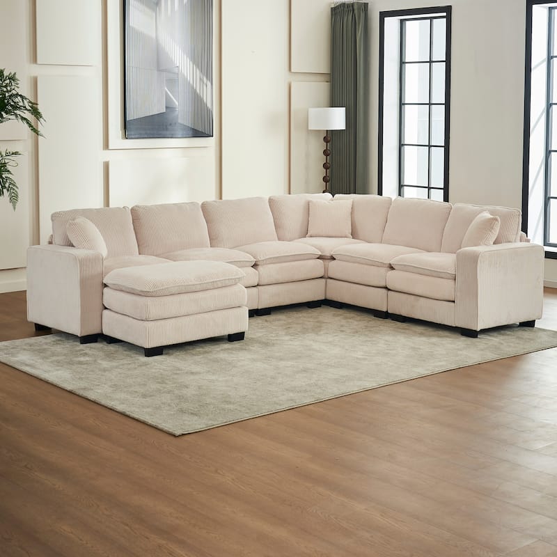 118.1'' Luxurious U-Shaped 6-Seater Sectional Sofa with Ottoman and 3 Plush Throw Pillows in Durable Corduroy Upholstery