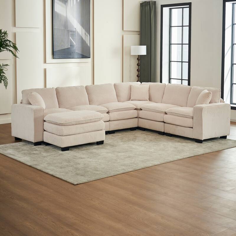Modular Sectional Sofa for Living Room, U Shaped Sofa Couch with Ottoman and Three Toss Pillows, Corduroy Fabric Sofa Set