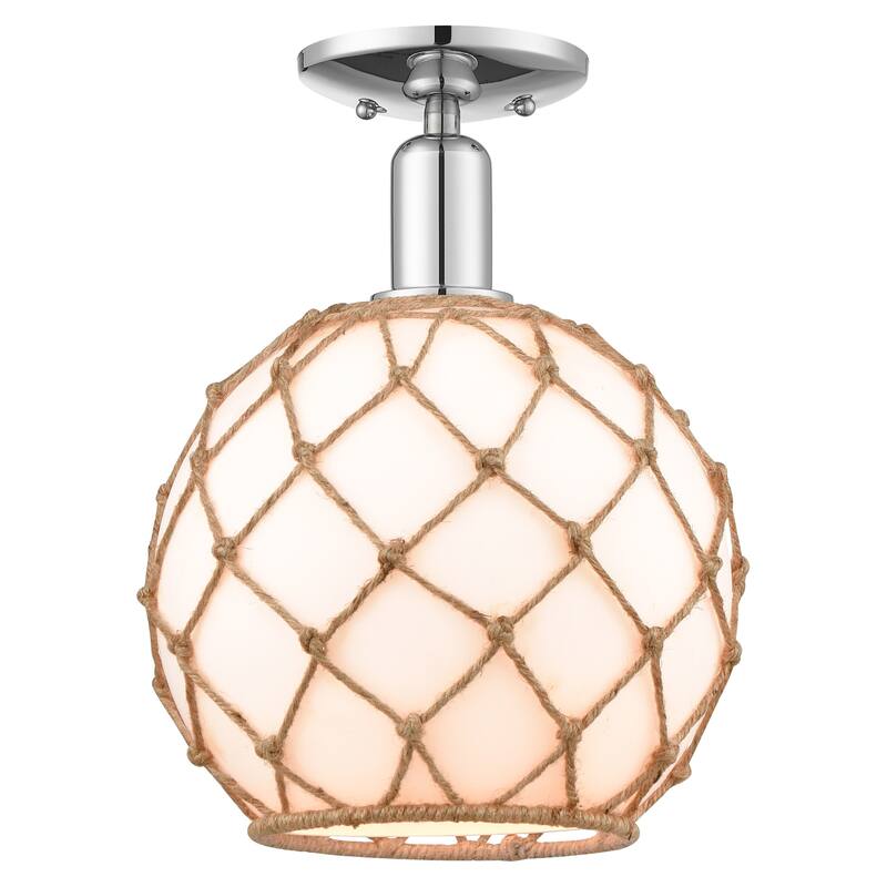 Innovations Lighting 716-1C-14-10 Farmhouse Rope Semi-Flush Farmhouse - Polished Chrome / White Glass with Brown Rope