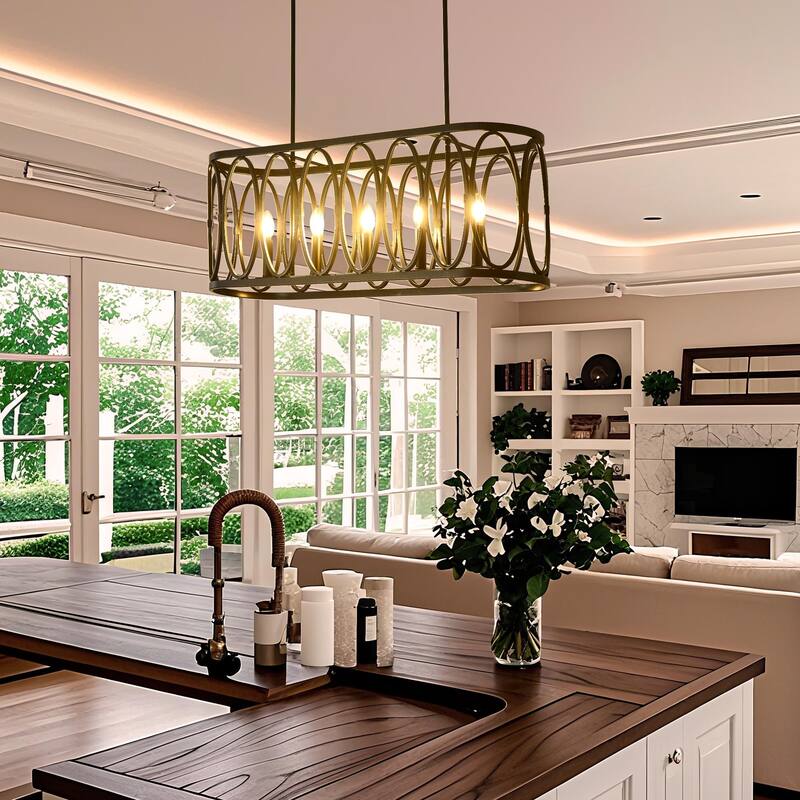 Rustic Metal Oval - Ring 5 - Light Kitchen Island Linear Chandelier