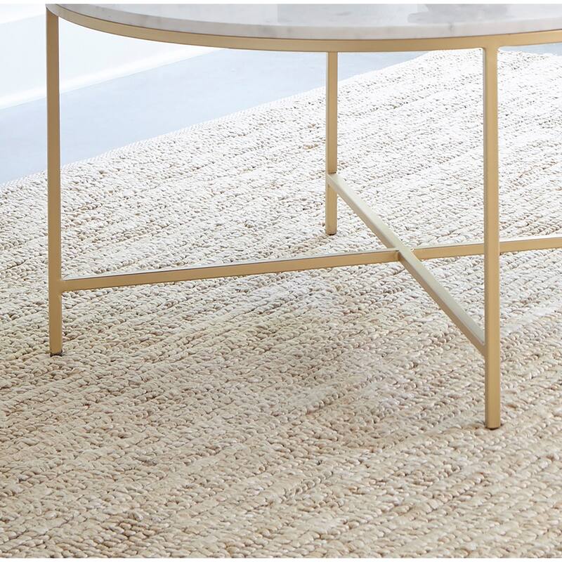 Round Faux Marble Coffee Table with Metal Legs in White and Gold
