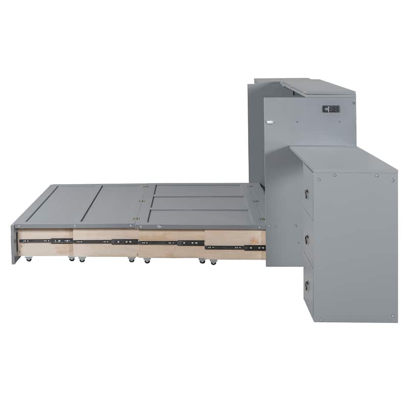 Queen Size Murphy Bed with USB Port, Large Drawer, and Wardrobe/Desk Combo - Versatile Gray Cabinet Bed