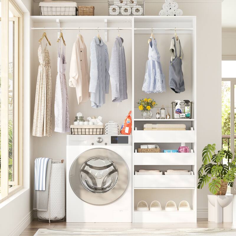 20"-60" Closet System with 3 Wooden Drawers and Sturdy Shelves and Retractable Rods