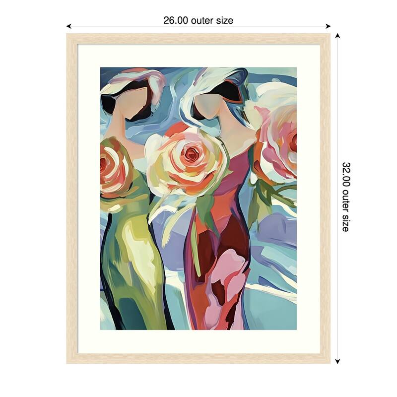 Two Women With Roses by Elena Avanesova Wood Framed Wall Art Print - 26 x 32 in - Brown