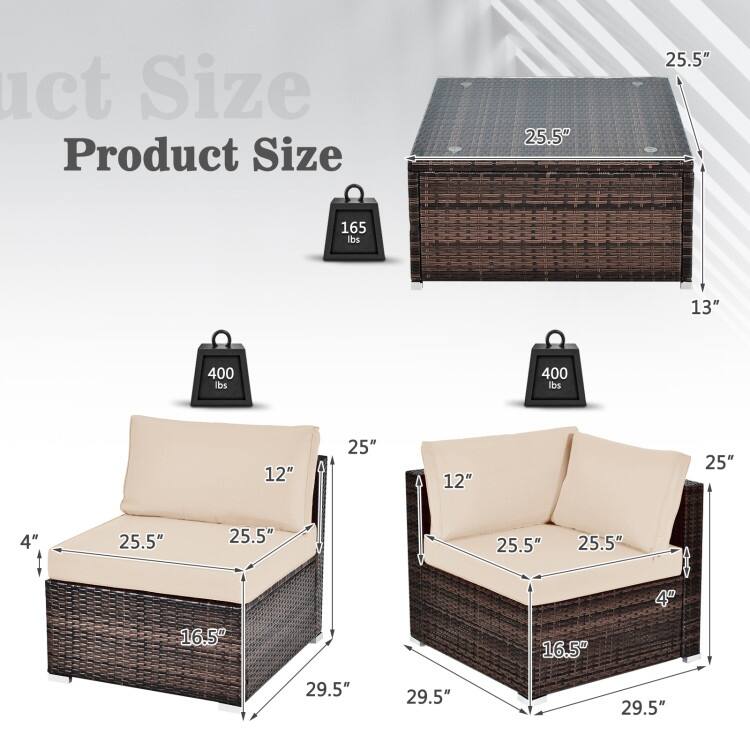 6 Pieces Patio Rattan Furniture Set with Cushions and Glass Coffee Table