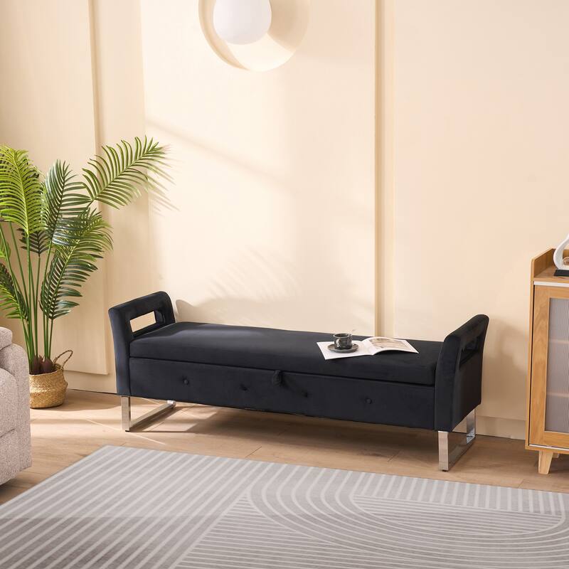 67.91"Wide Velvet Storage Soft Bench with Armrests for Living Room, Entryway and Bedroom - Black