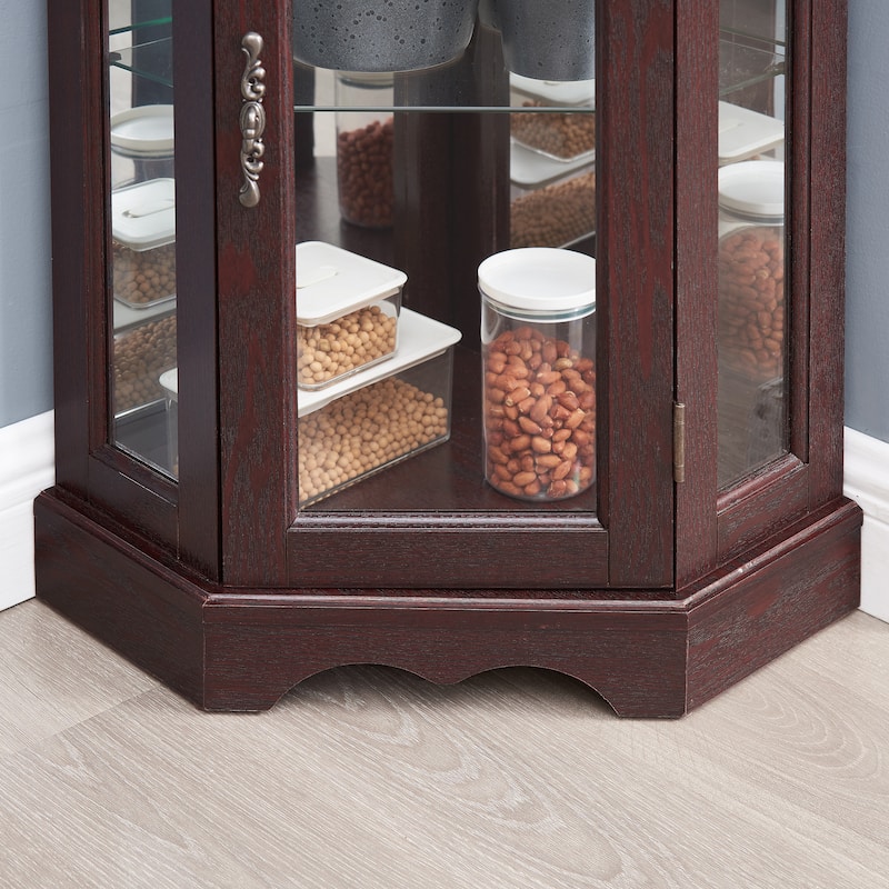 Lighted Glass Display Curio Cabinet, Curved Wood Corner Cabinet, China Cabinet with Tempered Glass Doors & Shelves