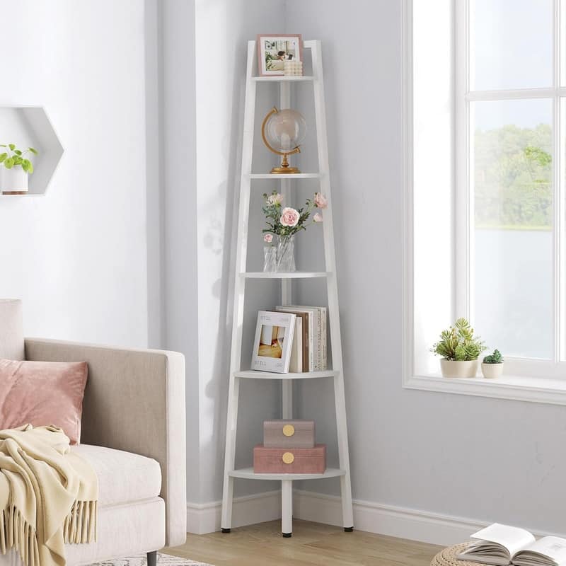 5-Tier Corner Bookshelf, Rustic Ladder Shelf - White