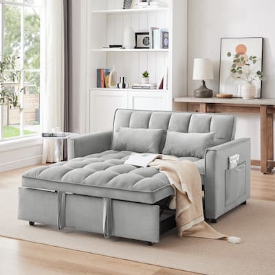 3 in 1 Convertible Sleeper Sofa Bed, Velvet Tufted Futon Loveseat, Lounge Sofa Bed with Adjustable Back, Pockets & Pillows