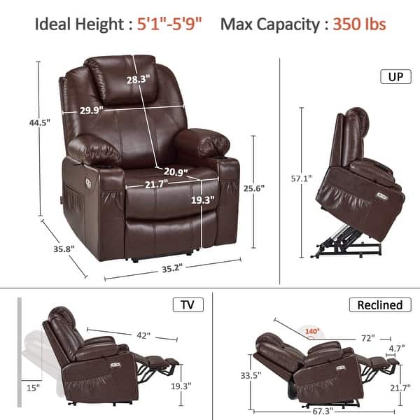 dimension image slide 6 of 7, MCombo Electric Power Lift Recliner Chair Sofa with Massage and Heat, 3 Positions, USB Ports, Faux Leather