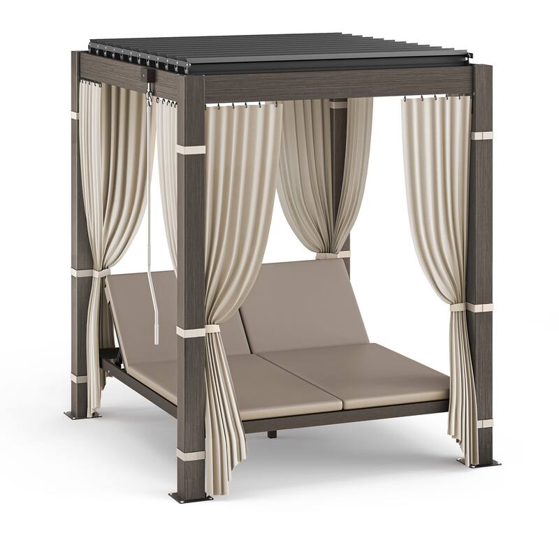 Outdoor Patio Daybed With Canopy, Double Chaise Lounge Sunbed With Adjustable Seats, Aluminum Outdoor Patio Sunbed For Garden
