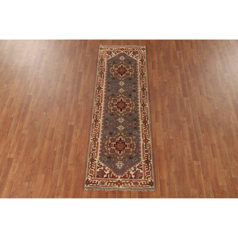 Gray Geometric Heriz Serapi Oriental Runner Rug Wool Carpet - 2'7" x 8'1"