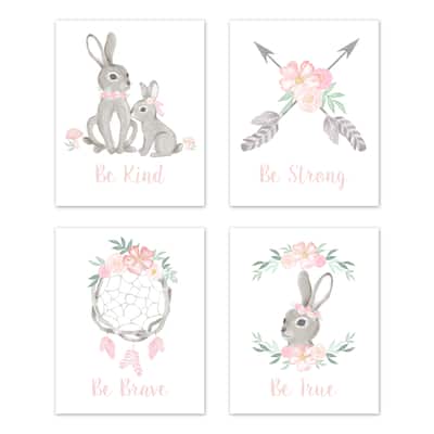 Sweet Jojo Designs Pink Grey Woodland Boho Dream Catcher Bunny Floral Collection Wall Decor Art Prints (Set of 4) - Rose Flower