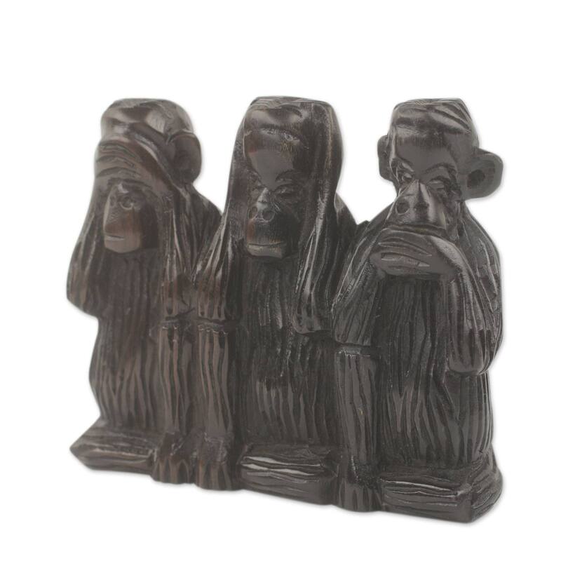 Handmade Monkey Wisdom (4.5 inches) Ebony sculpture (Ghana) - 17 x 15 x 7