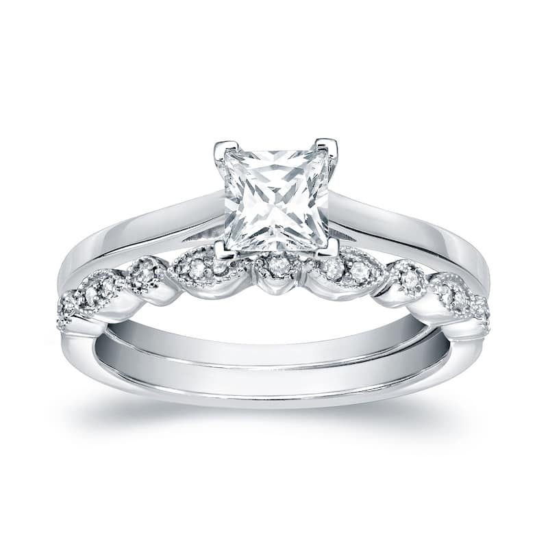 Auriya 14k Gold 2/3ctw Vintage Princess-cut Solitaire Diamond Engagement Ring Set