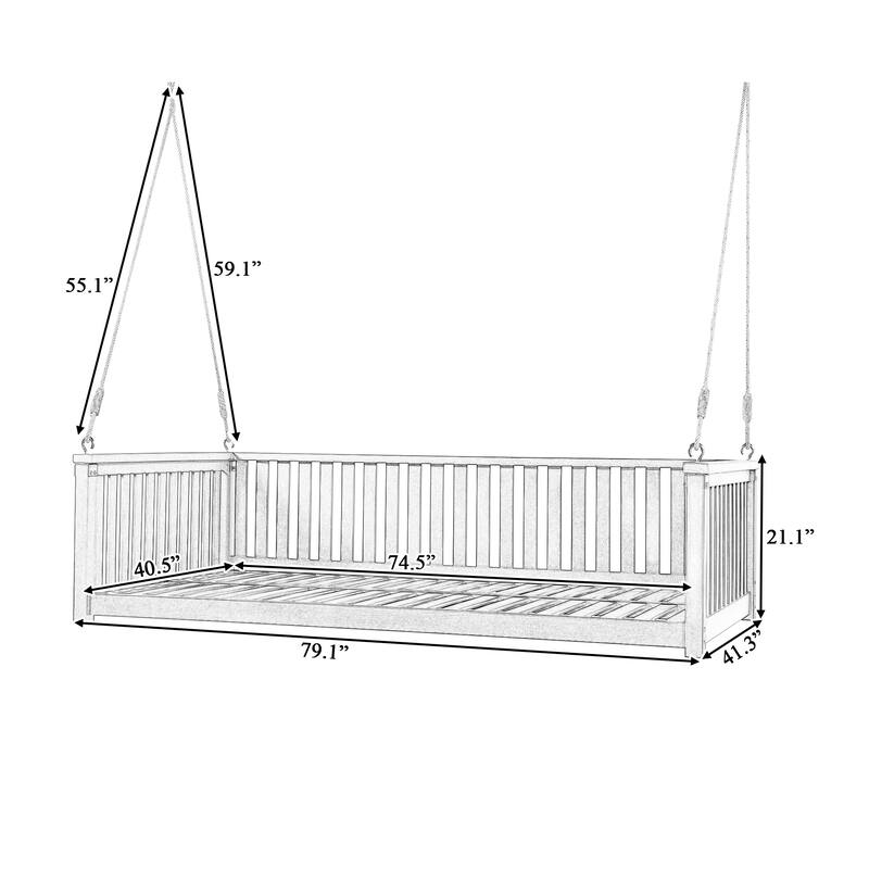 Patio Twin Size Garden Swing Bed Wood Porch Swing with Ropes
