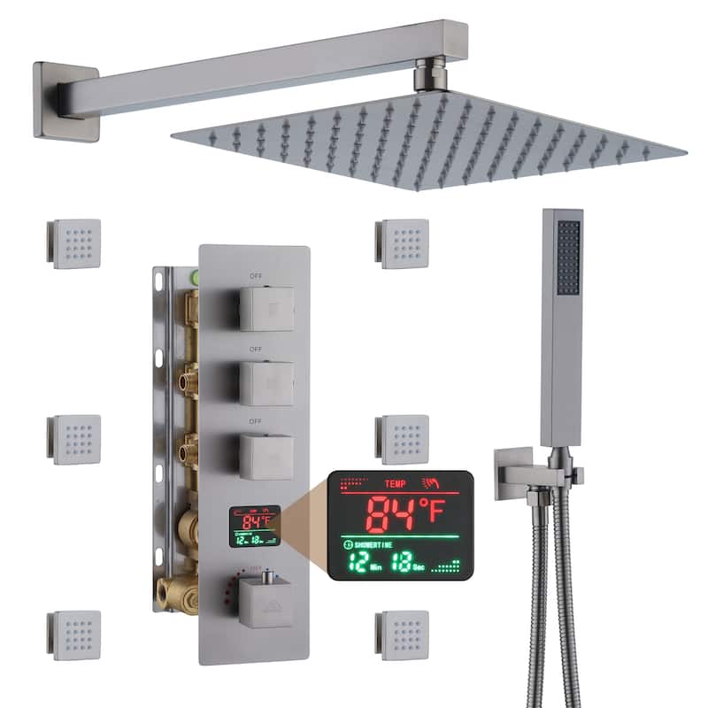 CASAINC 12 Inch Wall Mounted Square Shower Head Shower System with Handheld Shower Body Digital Display Shower 6 Body Jet - Brushed Nickel