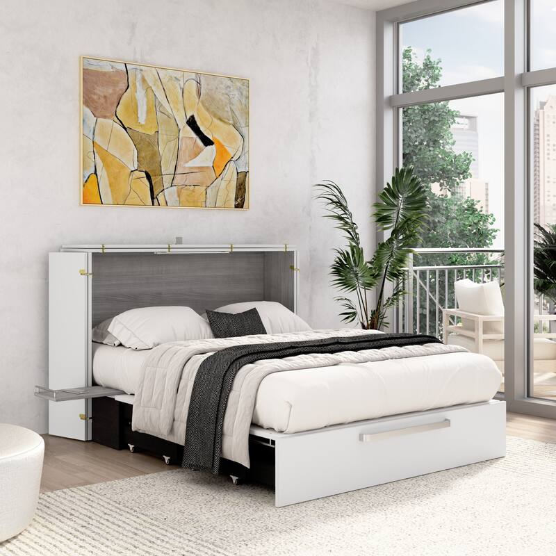Bestar Borealis 57W Full Murphy Cabinet Bed with Pullout Drawer - White/Platinum Gray