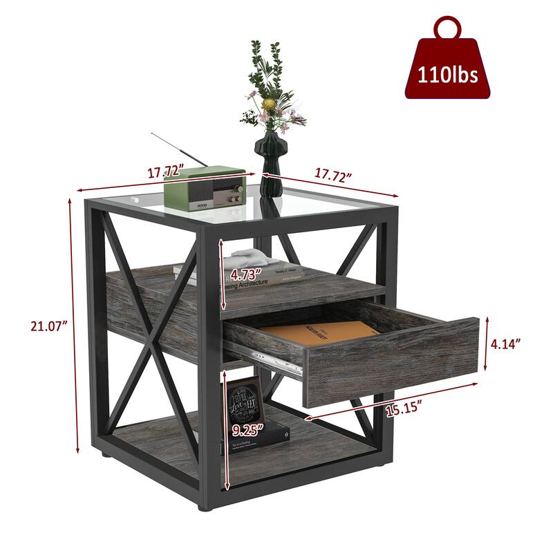 1 piece Modern End Table with Drawer - Nightstand,Rustic Wood Grain MDF& Tempered Glass Top,Industrial Style Side Table
