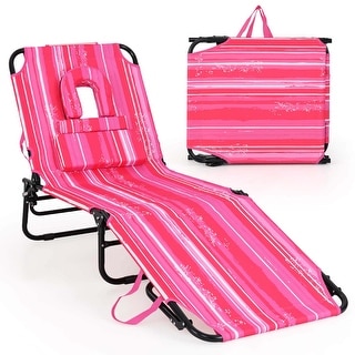 Costway Beach Chaise Lounge Chair with Face Hole Pillows & 5-Position -BEIGE