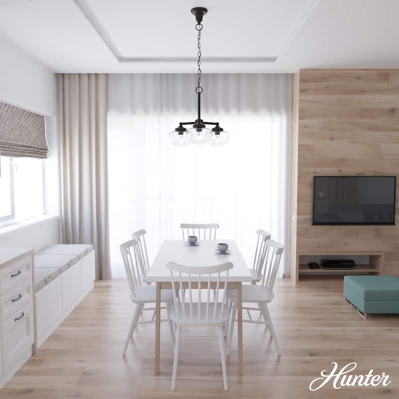Hunter Saddle Creek Contemporary Schoolhouse Chandelier - Clear or White Glass Globes - Entry, Dining Room, Kitchen Table