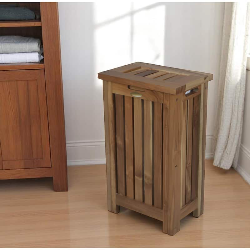HomeRoots 24" Brown Solid Wood Laundry Hamper With Lid - Brown